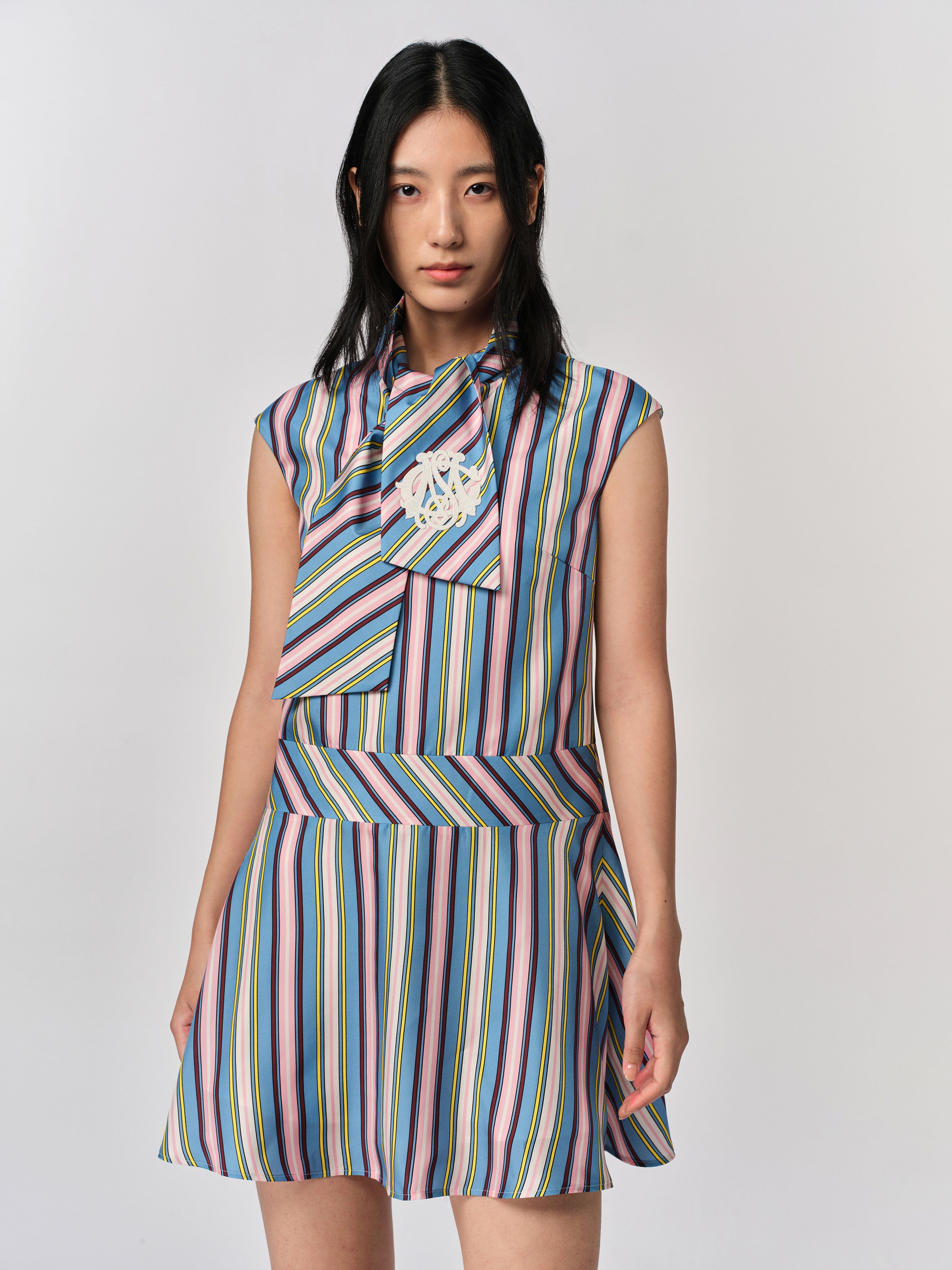 Retro Stripe Tie Neck Dress