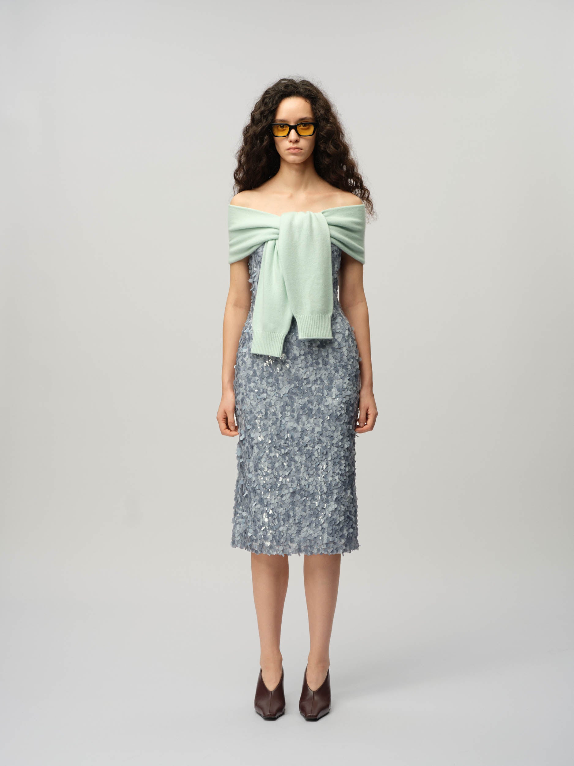 Sequin Column Dress With Knitted Wrap