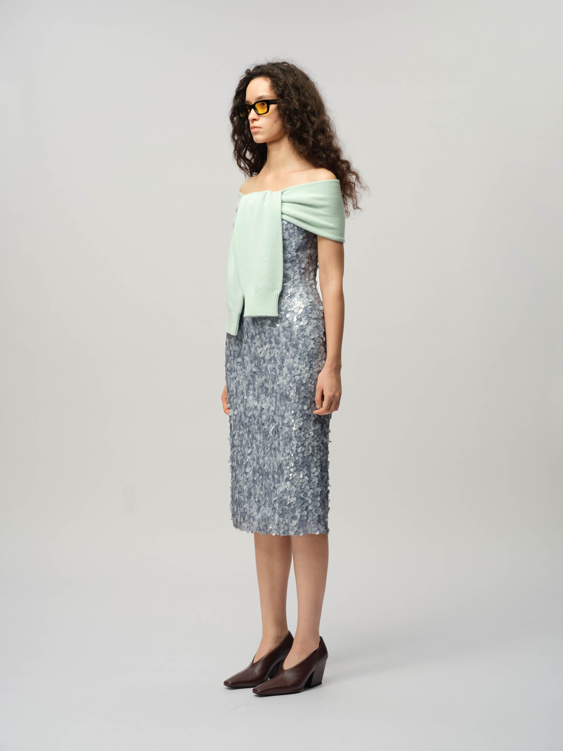 Sequin Column Dress With Knitted Wrap