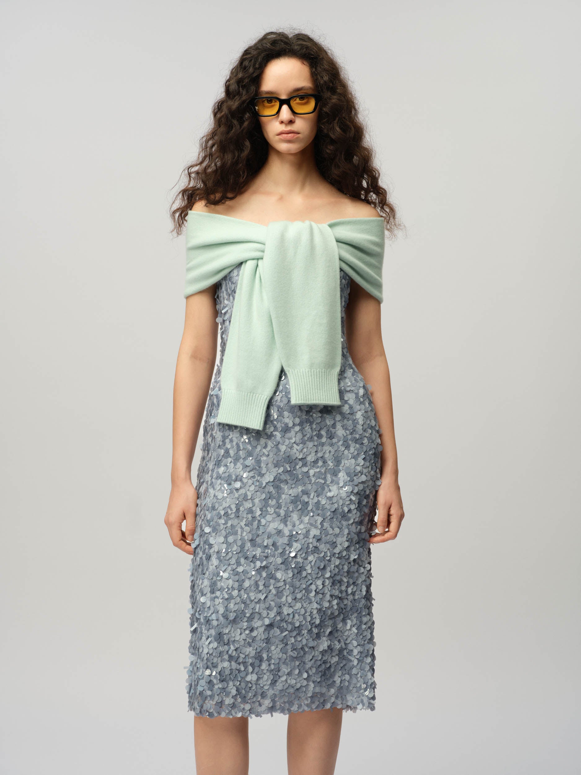 Sequin Column Dress With Knitted Wrap