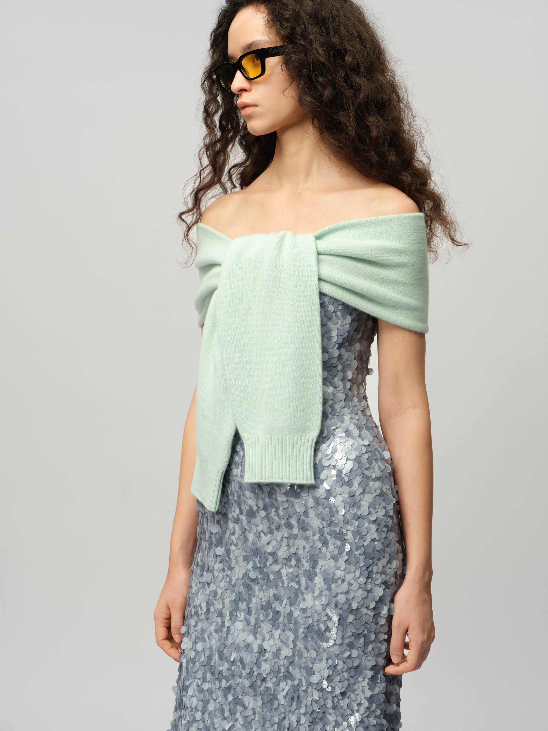Sequin Column Dress With Knitted Wrap