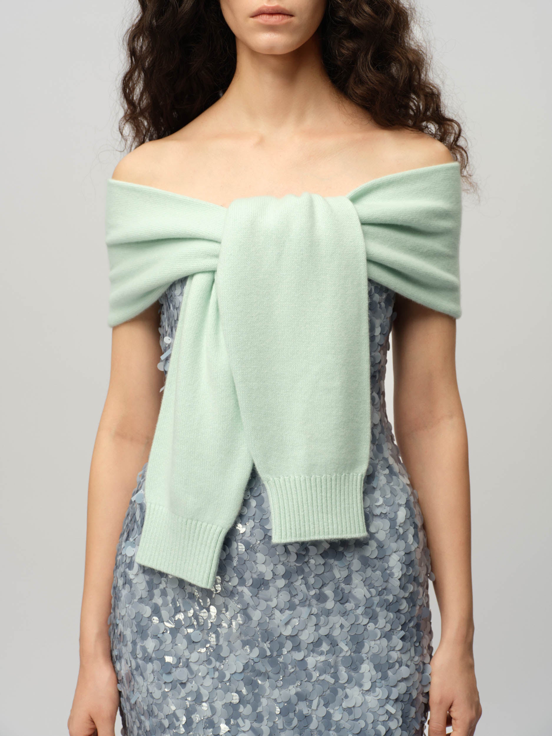 Sequin Column Dress With Knitted Wrap
