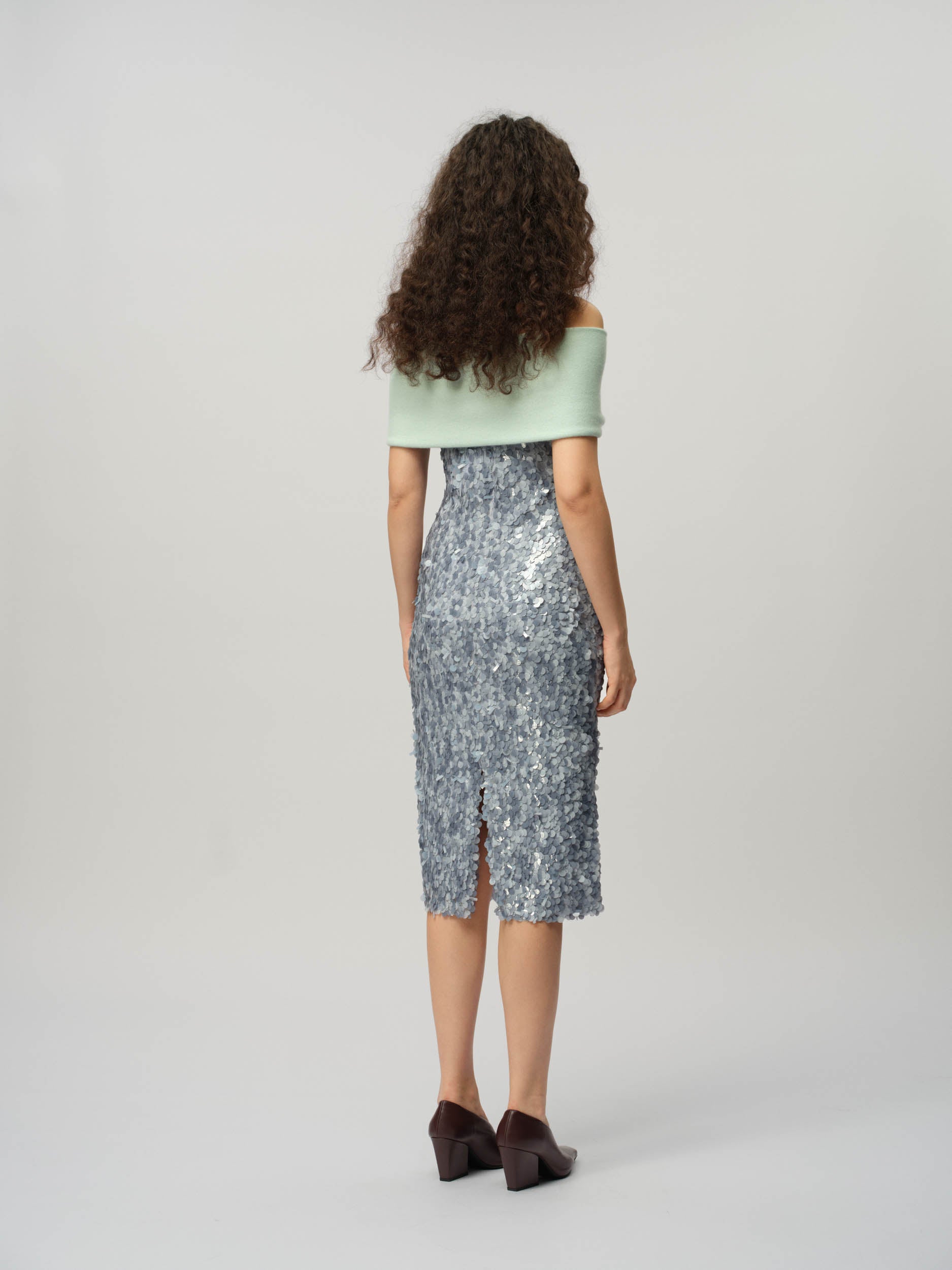 Sequin Column Dress With Knitted Wrap